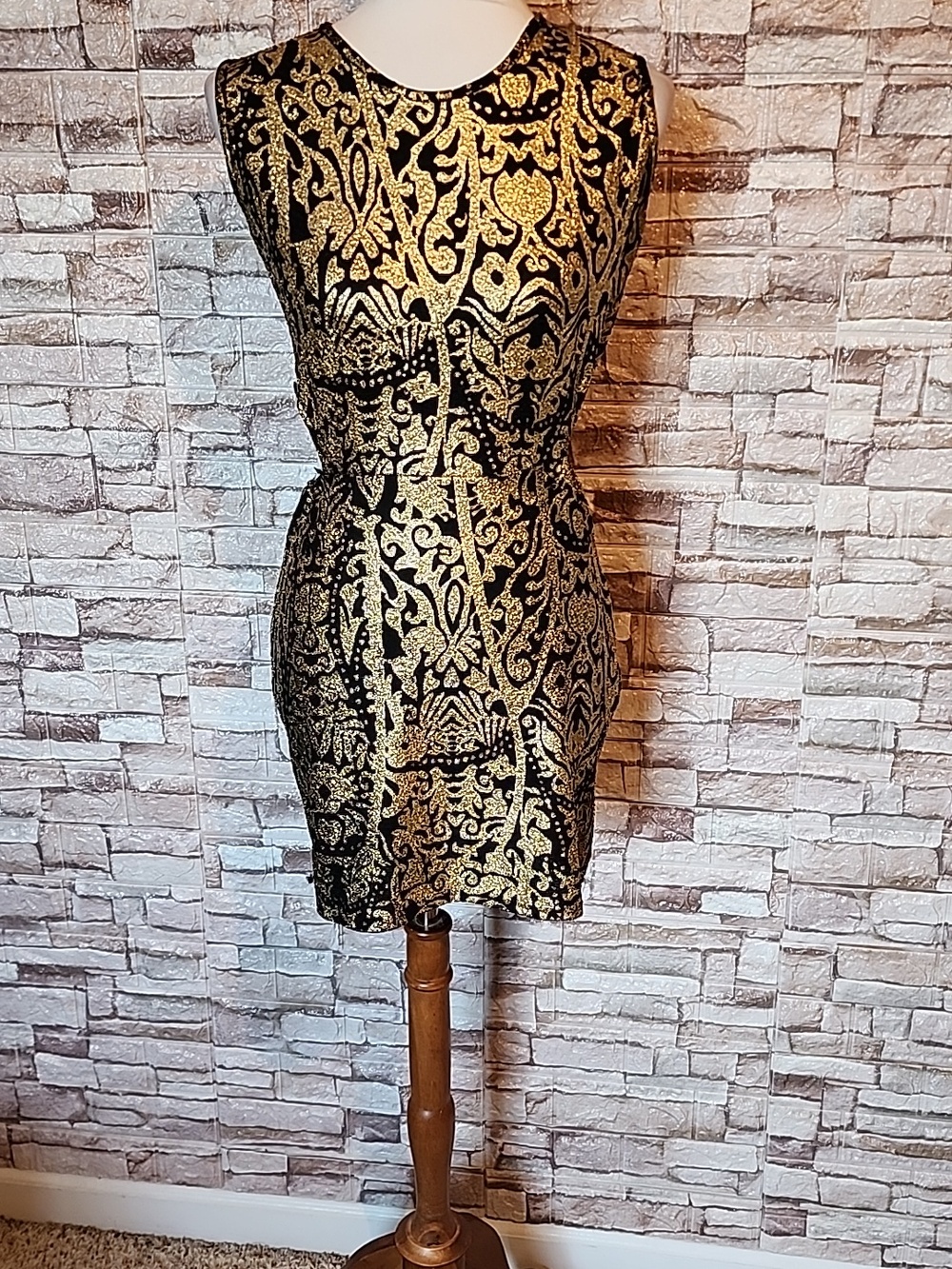 Velzera Elegant Gold and Black Patterned Dress